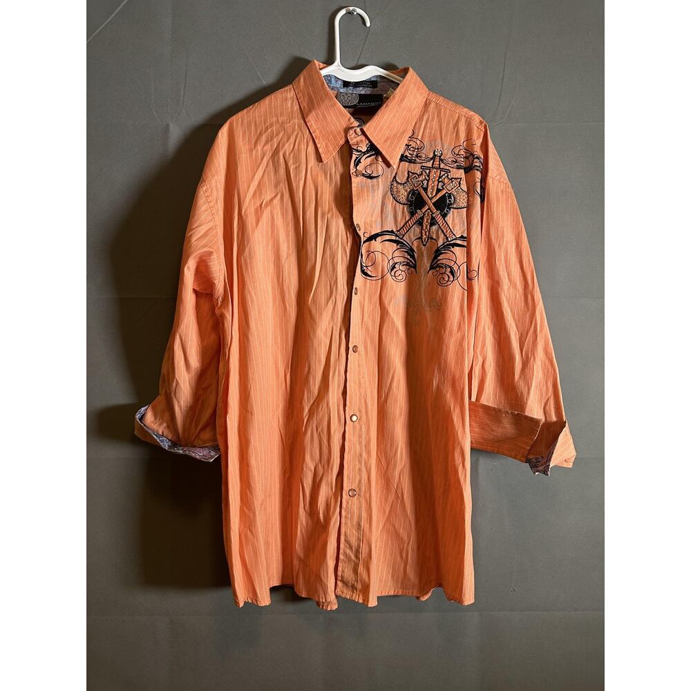 Lamasini Shirt Mens XL Orange Embroidered Sword Axe Studded Western Button Up